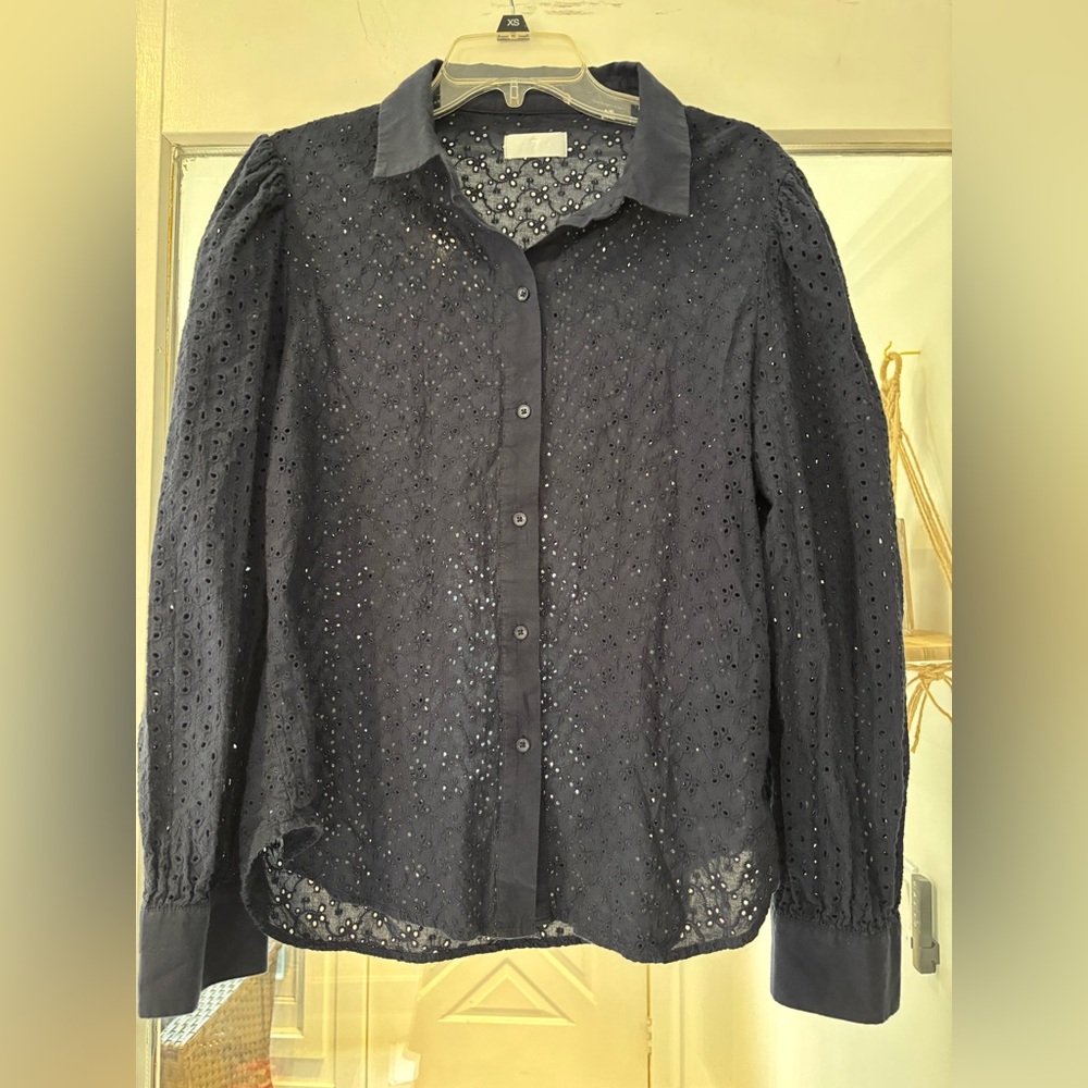 7 For All Mankind Navy Eyelet Button-Up Blouse‎